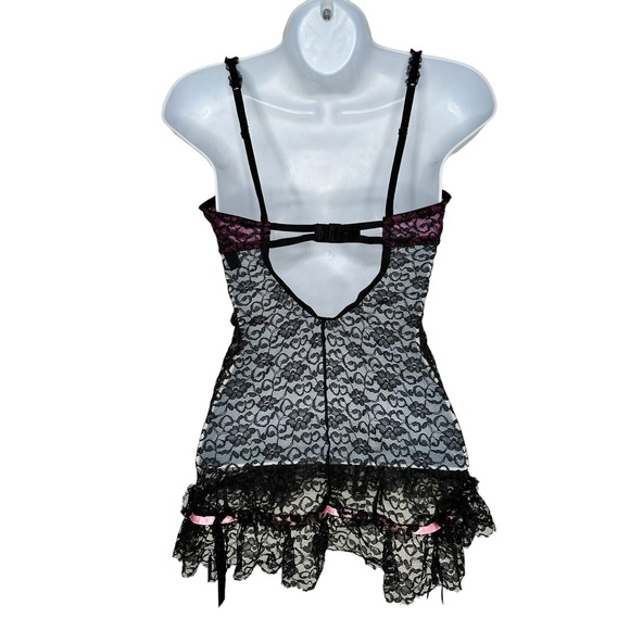 VICTORIA'S SECRET Black Pink Lace Babydoll Teddy Lingerie 36B Garter One Piece A - Picture 4 of 6